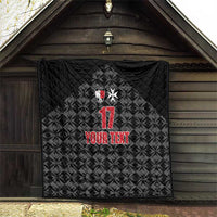 Black quilted football blanket with sports crest, red 17, star, and YOUR TEXT on front.