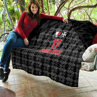 Black quilted football blanket with sports crest emblem, red 17, star, and YOUR TEXT lettering.
