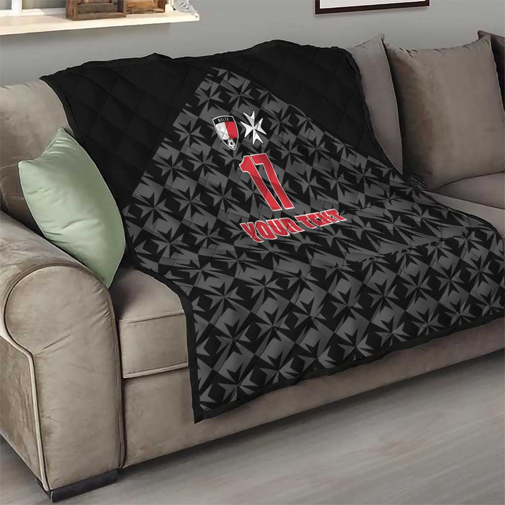 Black quilted football blanket showing sports crest, red 17, star, and YOUR TEXT text.