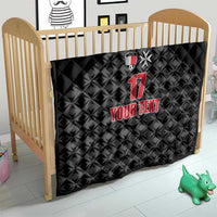 Black quilted football blanket with sports crest, red 17, star, and YOUR TEXT for customization.
