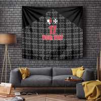Black football-themed tapestry with crest, number 17, and 'YOUR TEXT' over geometric pattern