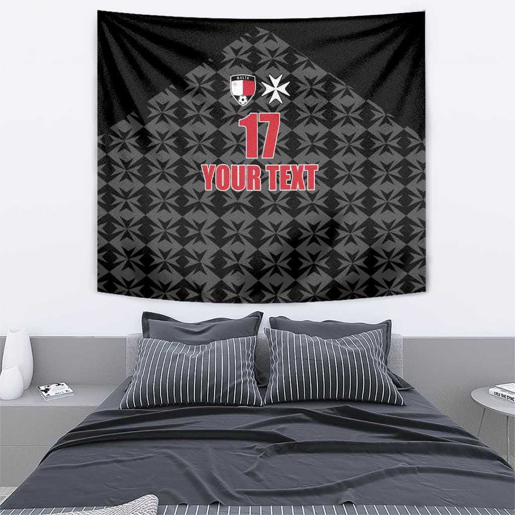 Wall-hung black football tapestry with crest, red 17, and 'YOUR TEXT' on gray geometric print