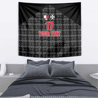 Wall-hung black football tapestry with crest, red 17, and 'YOUR TEXT' on gray geometric print