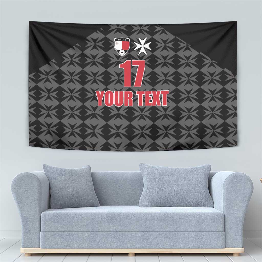 Black football tapestry with crest at top, red 17, and 'YOUR TEXT' centered on geometric design
