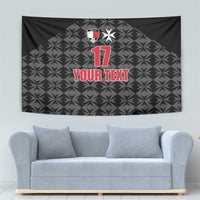 Black football tapestry with crest at top, red 17, and 'YOUR TEXT' centered on geometric design
