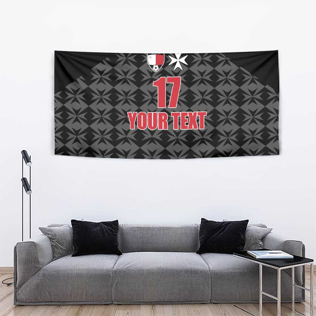 Black football tapestry with shield crest, large red 17, and 'YOUR TEXT' text on pattern