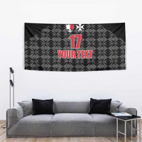 Black football tapestry with shield crest, large red 17, and 'YOUR TEXT' text on pattern
