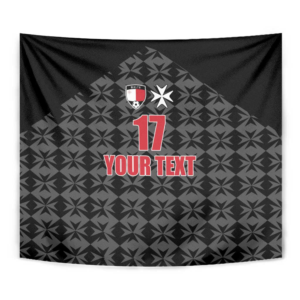 Close view of black football tapestry with crest, red 17, and 'YOUR TEXT' on gray geometric print