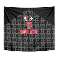 Close view of black football tapestry with crest, red 17, and 'YOUR TEXT' on gray geometric print