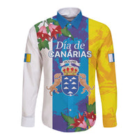 Blue long-sleeve button shirt with Dia de Canarias front graphic and crest