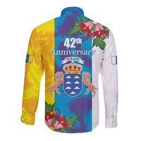 Yellow and white long-sleeve button shirt with 42nd Anniversary back graphic and crest