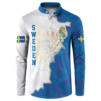 Blue and white polo sweatshirt with Sweden map graphic, crest, and Swedish flag sleeve patches