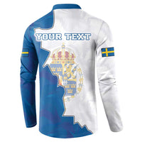 Blue and white polo sweatshirt back with 'YOUR TEXT' over Sweden map crest and Swedish flag patch