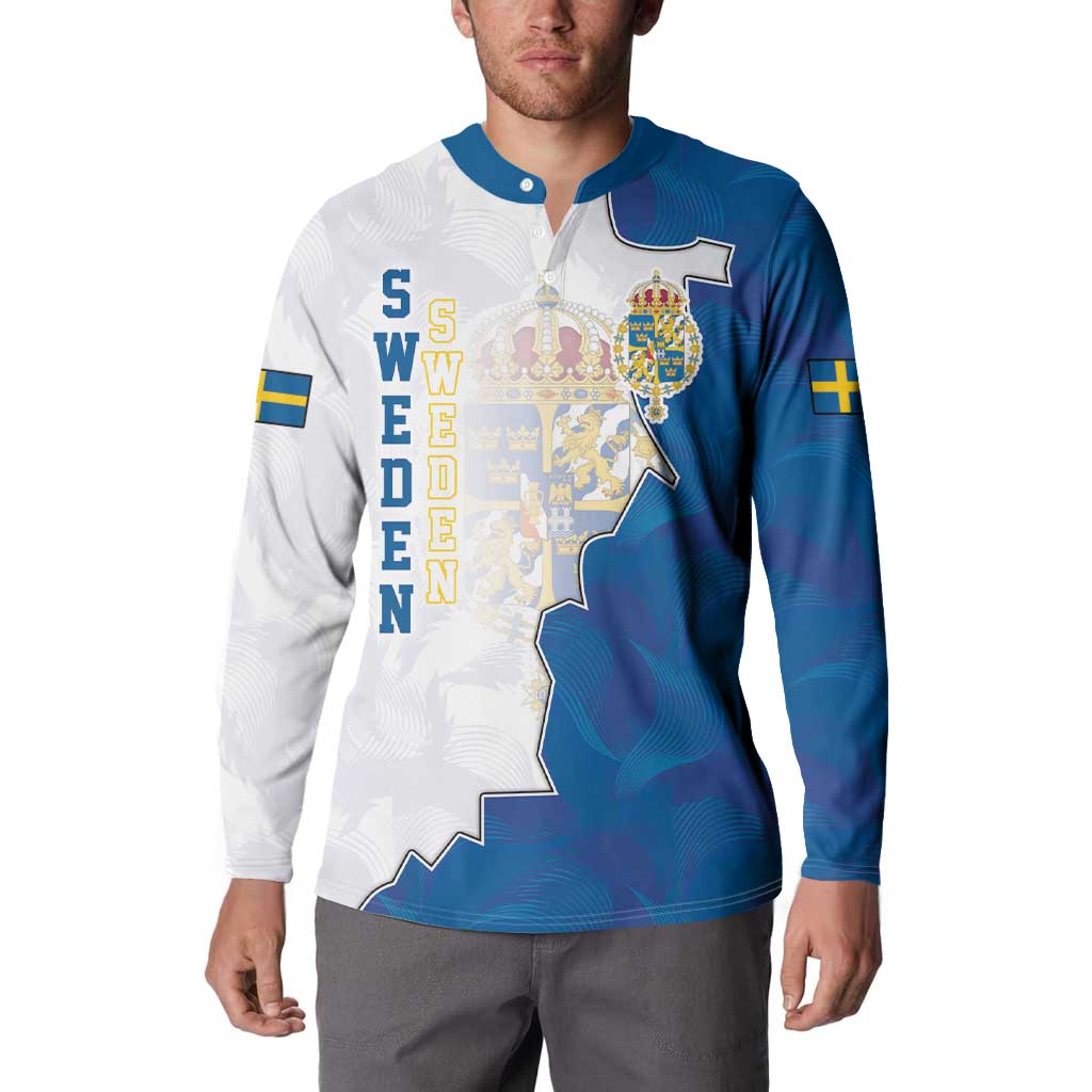 Blue and white polo sweatshirt with Sweden map crest graphic and Swedish flag sleeve patches