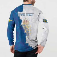 Blue and white polo sweatshirt back with 'YOUR TEXT' over Sweden map crest and Swedish flag patch
