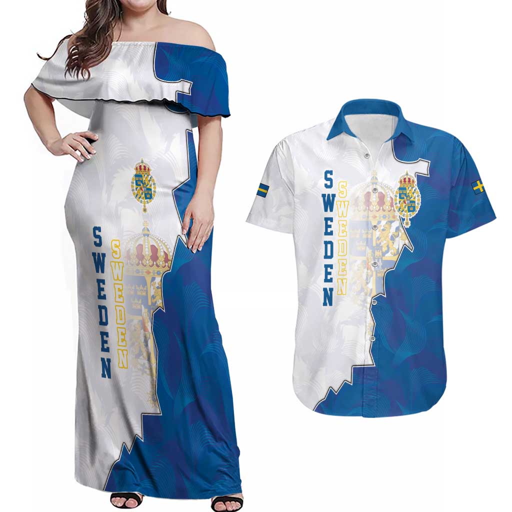 Personalized Kingdom of Sweden Coat of arms Couples Matching Off Shoulder Maxi Dress and Hawaiian Shirt