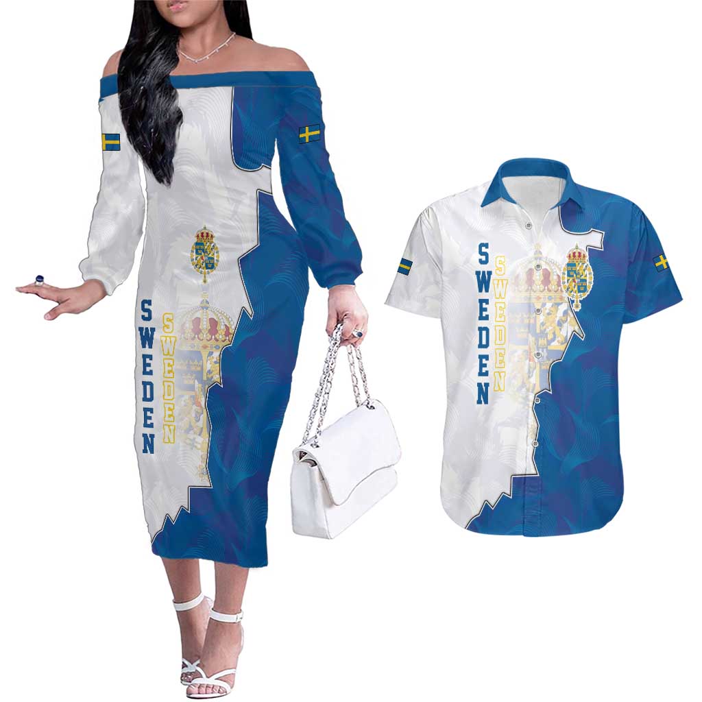 Personalized Kingdom of Sweden Coat of arms Couples Matching Off The Shoulder Long Sleeve Dress and Hawaiian Shirt