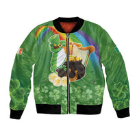 Green bomber jacket with front zipper, black ribbed trim, Celtic harp and shamrock graphic