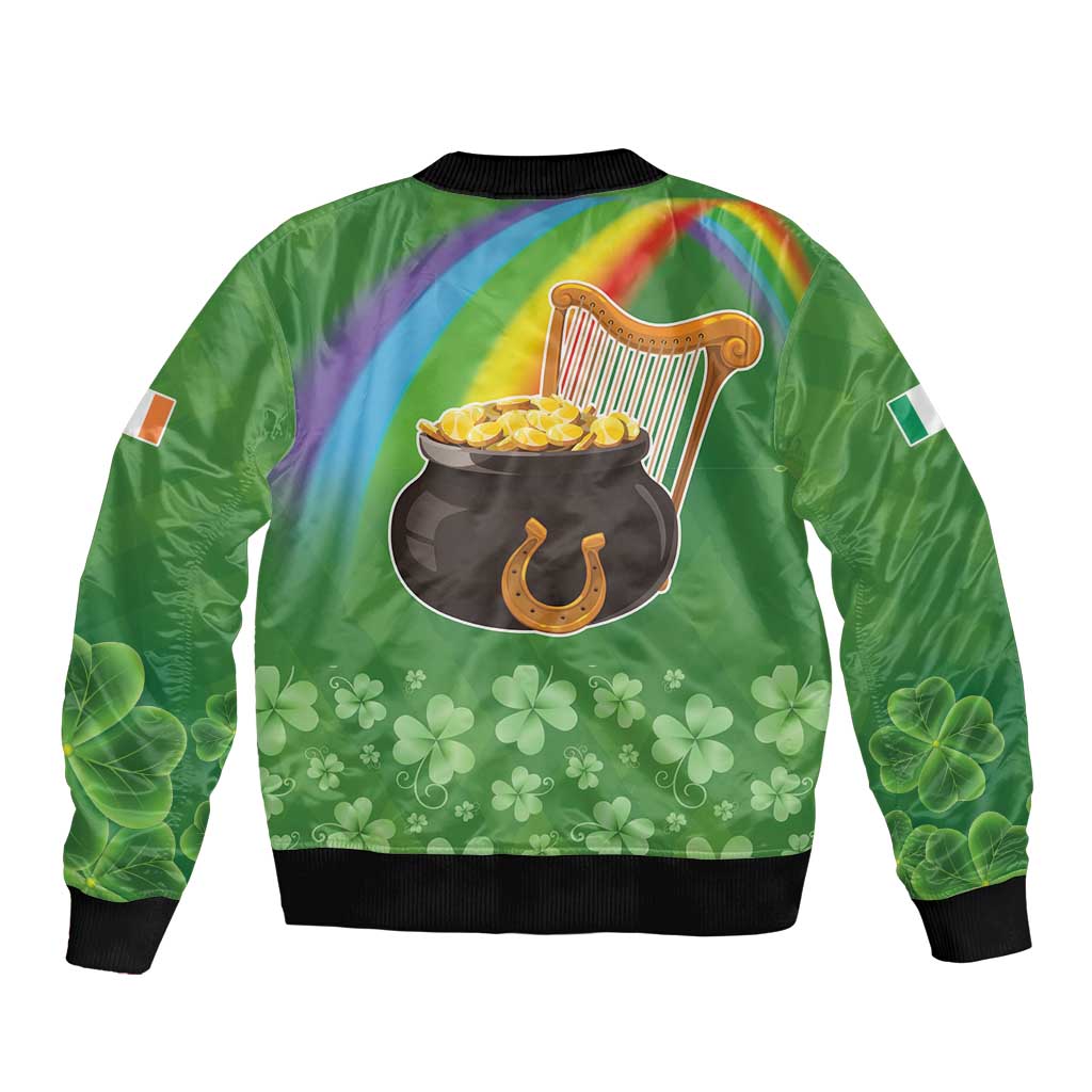 Green bomber jacket, back print with Celtic harp, cauldron of coins, shamrocks
