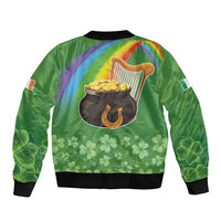 Green bomber jacket, back print with Celtic harp, cauldron of coins, shamrocks