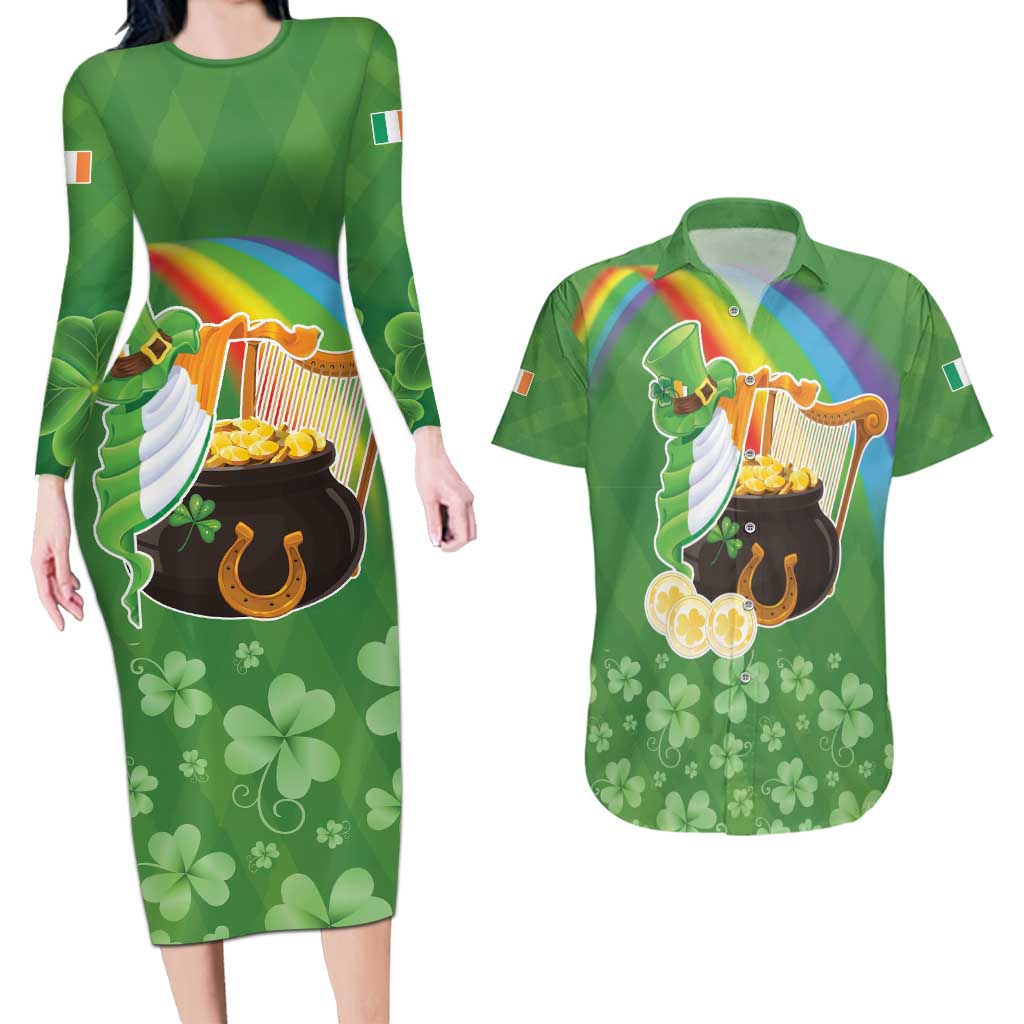 Celtic Harp Shamrock Republic of Ireland Couples Matching Long Sleeve Bodycon Dress and Hawaiian Shirt