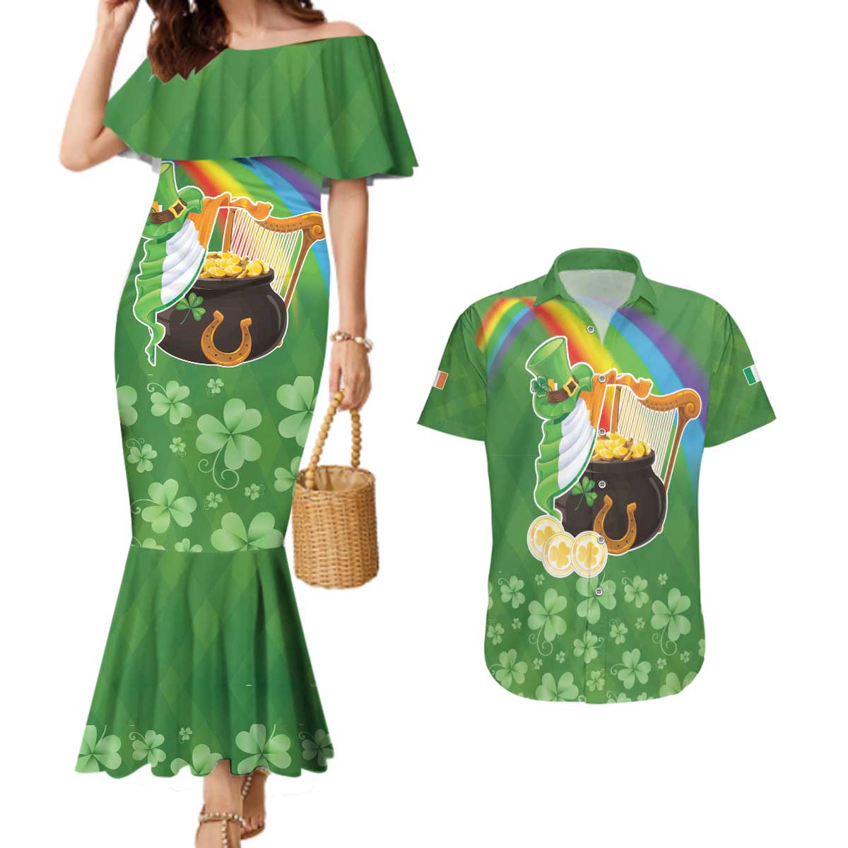 Celtic Harp Shamrock Republic of Ireland Couples Matching Mermaid Dress and Hawaiian Shirt