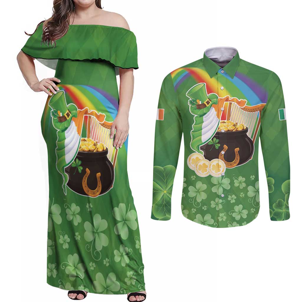 Celtic Harp Shamrock Republic of Ireland Couples Matching Off Shoulder Maxi Dress and Long Sleeve Button Shirt