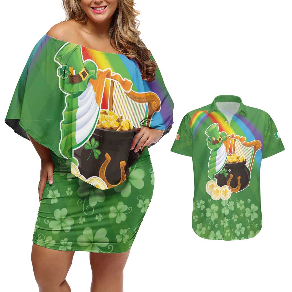 Celtic Harp Shamrock Republic of Ireland Couples Matching Off Shoulder Short Dress and Hawaiian Shirt