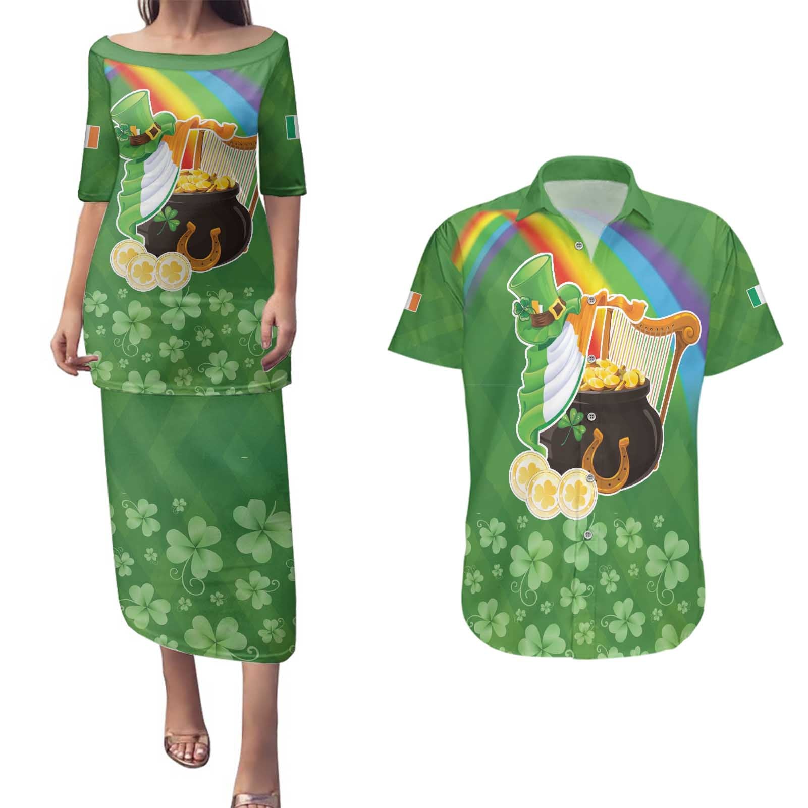 Celtic Harp Shamrock Republic of Ireland Couples Matching Puletasi and Hawaiian Shirt