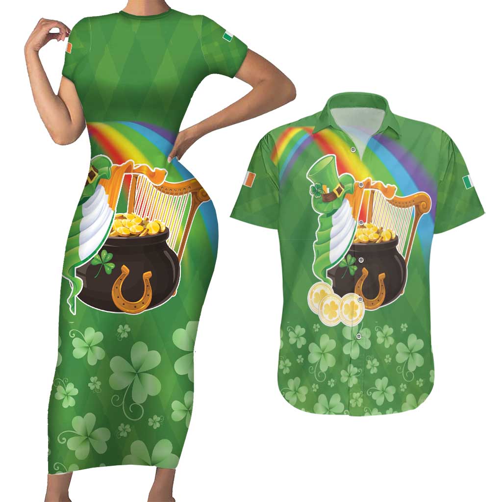 Celtic Harp Shamrock Republic of Ireland Couples Matching Short Sleeve Bodycon Dress and Hawaiian Shirt