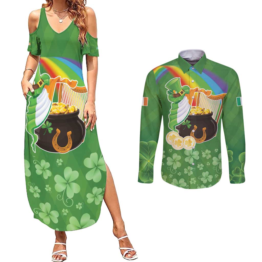 Celtic Harp Shamrock Republic of Ireland Couples Matching Summer Maxi Dress and Long Sleeve Button Shirt