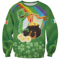 Green crewneck sweatshirt with rainbow harp, horseshoe, pot of gold and shamrocks