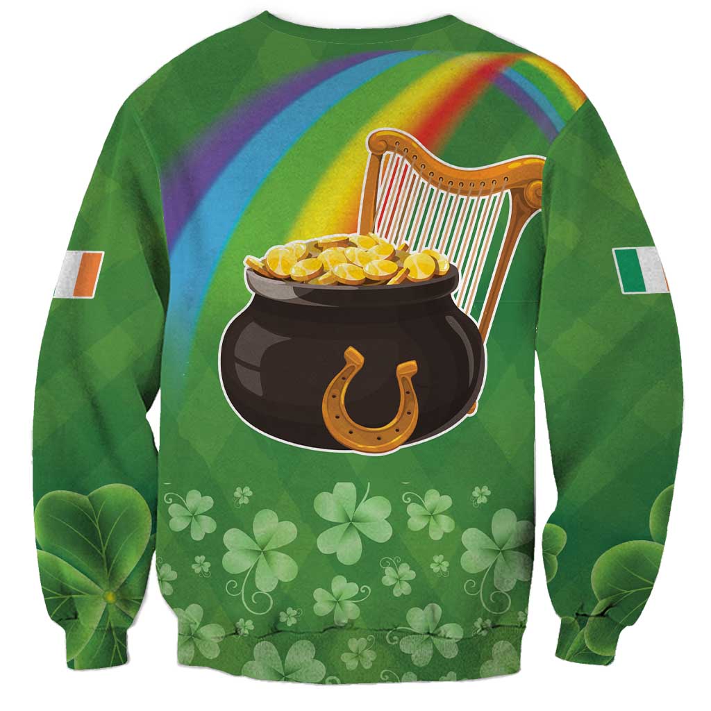 Green crewneck sweatshirt with harp and pot of gold graphic plus shamrock pattern