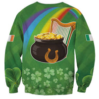Green crewneck sweatshirt with harp and pot of gold graphic plus shamrock pattern