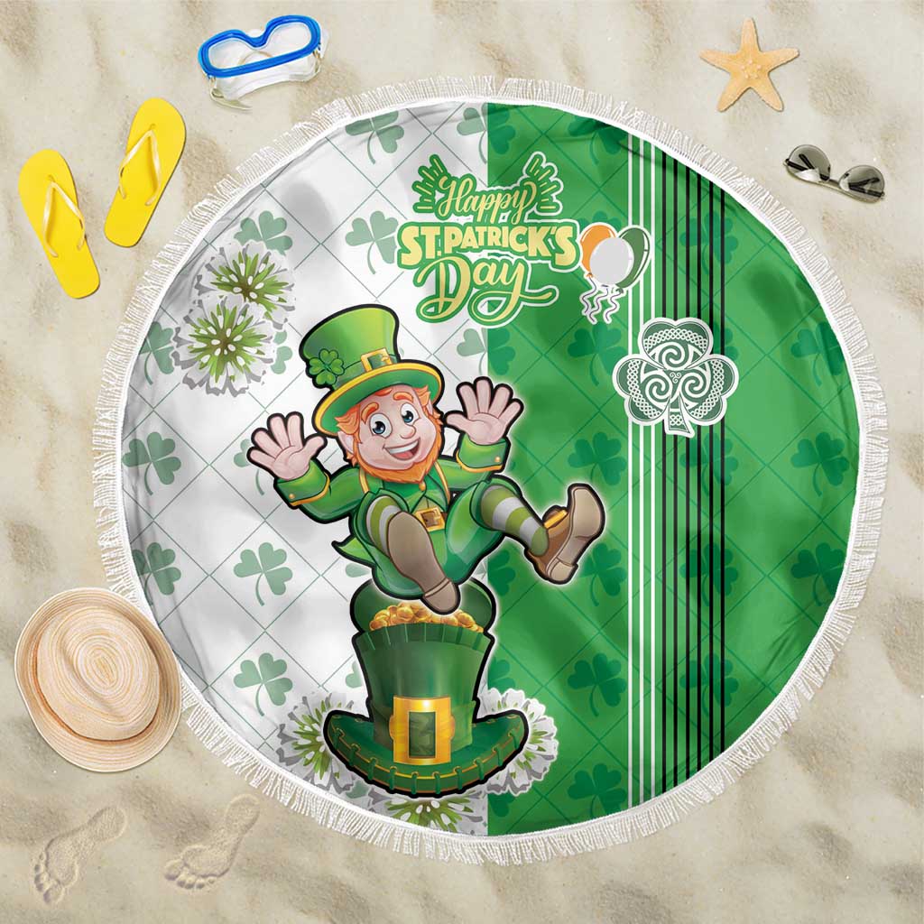 Round green St. Patrick’s Day beach blanket with cartoon leprechaun, shamrocks, and fringe