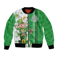 Green unisex bomber jacket with leprechaun graphic, shamrocks, and black ribbed collar