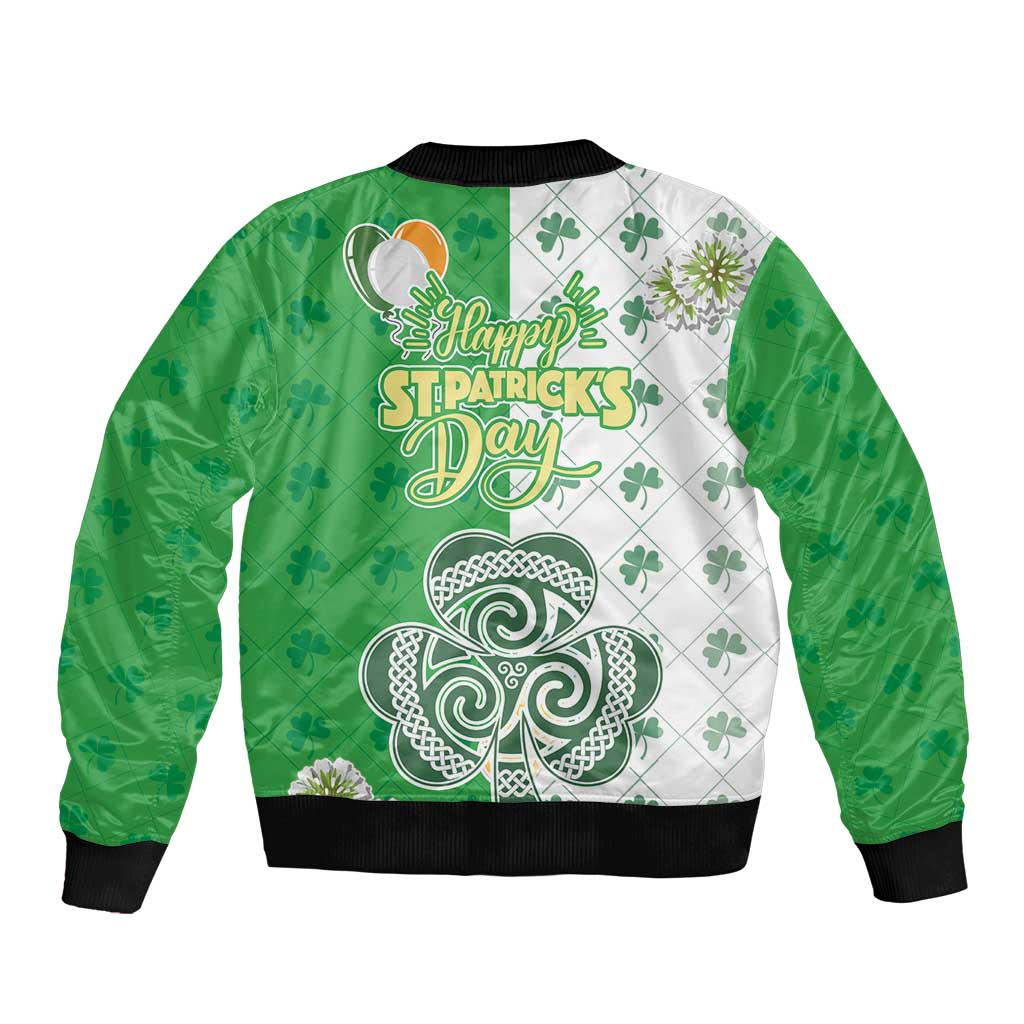 Green unisex bomber jacket, Happy St Patrick's Day print with large shamrock and black trim