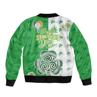 Green unisex bomber jacket, Happy St Patrick's Day print with large shamrock and black trim