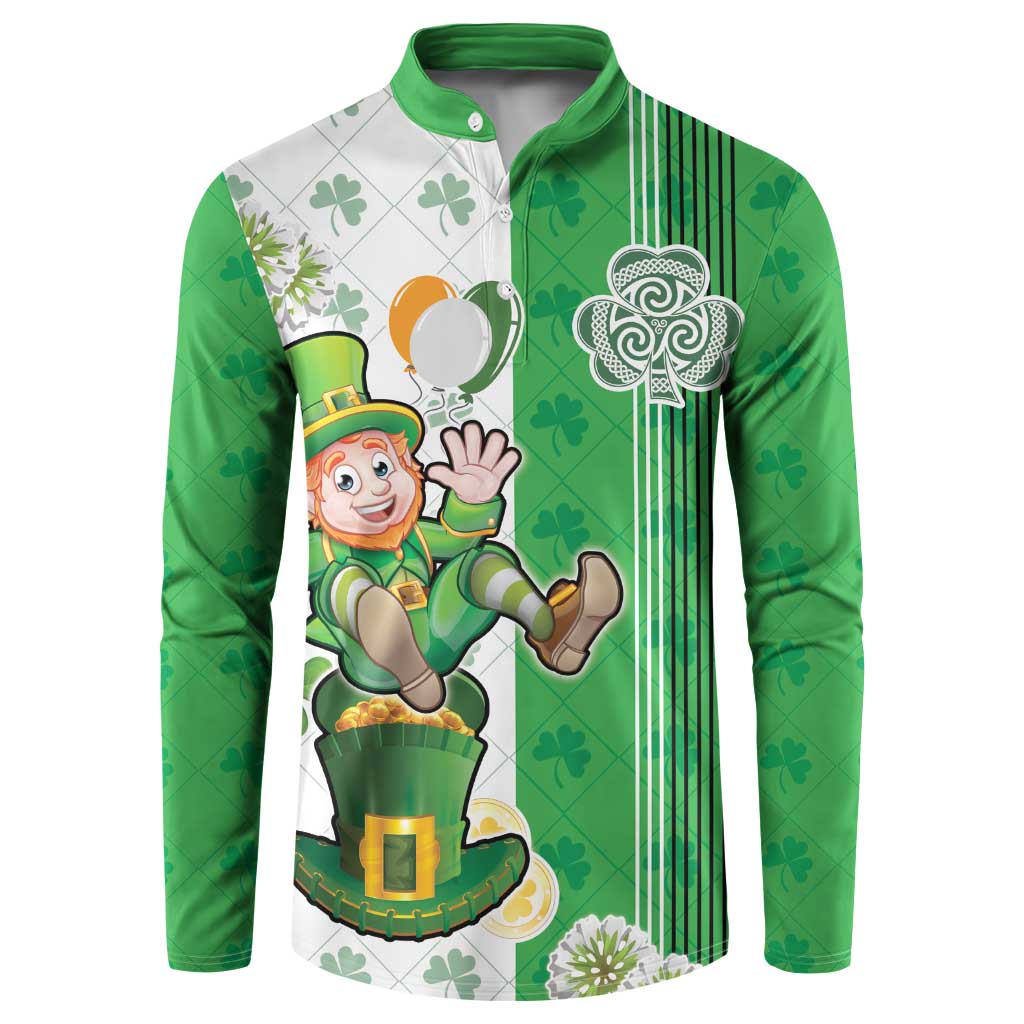 Green button sweatshirt with leprechaun graphic, shamrocks, and striped sleeve panels.