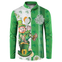 Green button sweatshirt with leprechaun graphic, shamrocks, and striped sleeve panels.