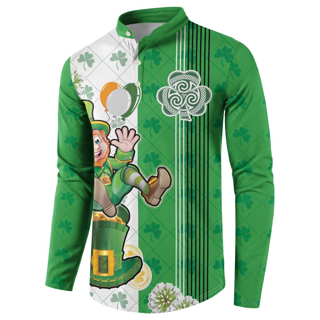 Green and white button sweatshirt with leprechaun art, clovers, and black vertical stripes.
