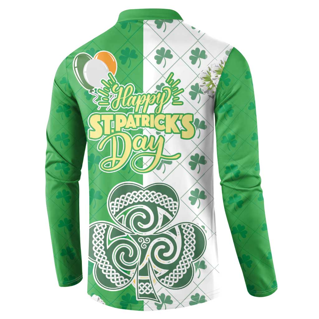 White and green button sweatshirt back with “Happy St. Patrick’s Day” and large shamrock.