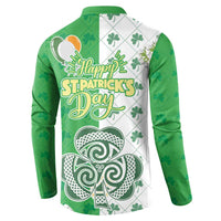 White and green button sweatshirt back with “Happy St. Patrick’s Day” and large shamrock.