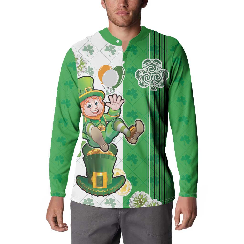 Green button sweatshirt with leprechaun illustration, shamrock motifs, and vertical stripe side.