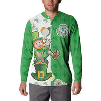 Green button sweatshirt with leprechaun illustration, shamrock motifs, and vertical stripe side.