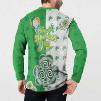 Back view green button sweatshirt with “Happy St. Patrick’s Day” and large shamrock.