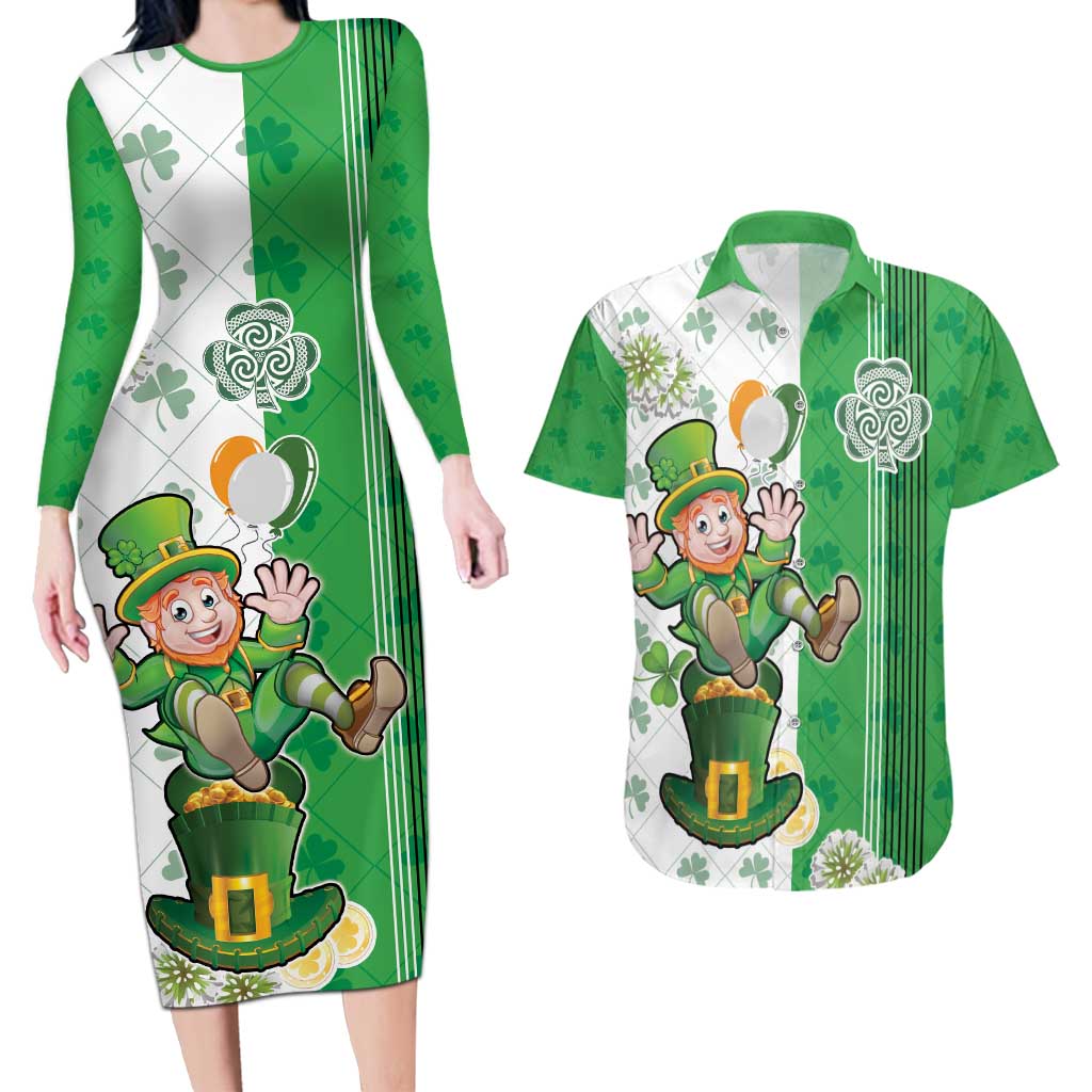 Ireland 17th March Saint Patrick's Day Couples Matching Long Sleeve Bodycon Dress and Hawaiian Shirt Irish Leprechaun with Shamrock