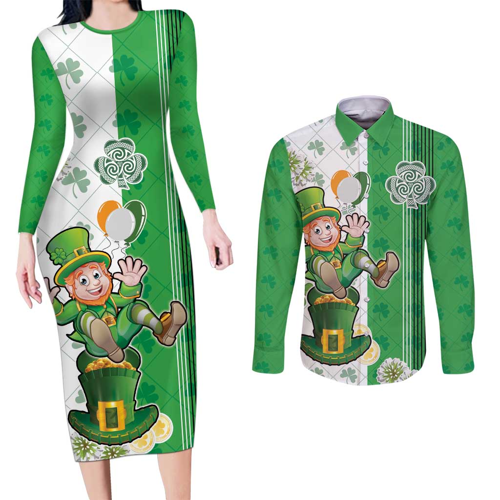 Ireland 17th March Saint Patrick's Day Couples Matching Long Sleeve Bodycon Dress and Long Sleeve Button Shirt Irish Leprechaun with Shamrock