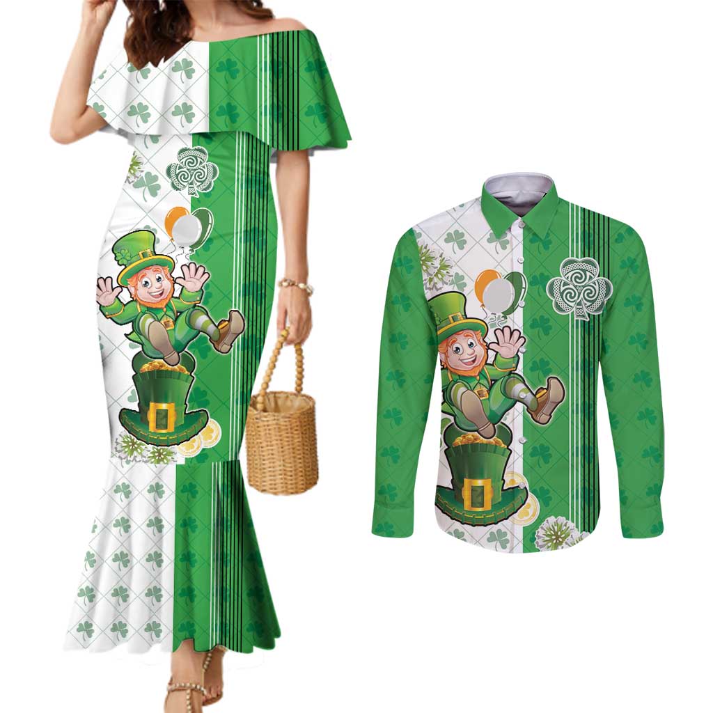 Ireland 17th March Saint Patrick's Day Couples Matching Mermaid Dress and Long Sleeve Button Shirt Irish Leprechaun with Shamrock