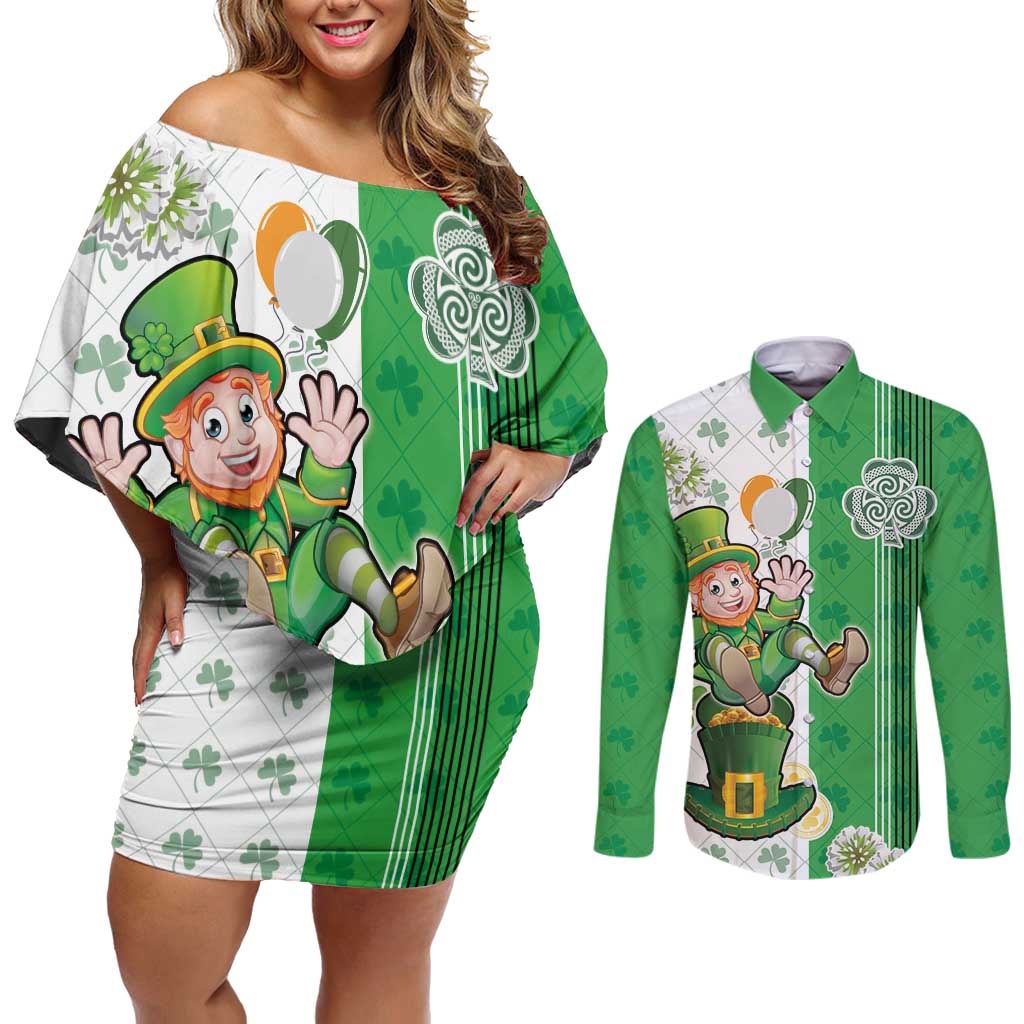 Ireland 17th March Saint Patrick's Day Couples Matching Off Shoulder Short Dress and Long Sleeve Button Shirt Irish Leprechaun with Shamrock